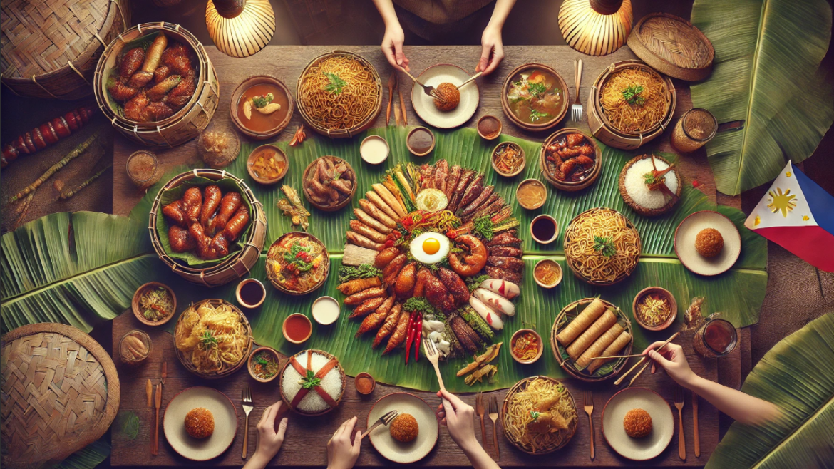 Authentic Regional Filipino Food – A boodle fight featuring Chicken Inasal, Pancit Batil Patung, Kansi, Pinangat, and Torta on a banana leaf-covered table.