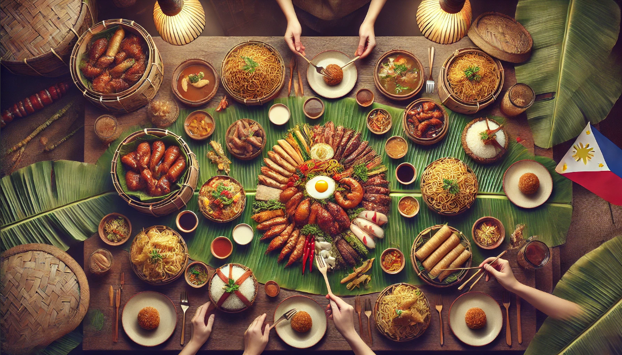 Authentic Regional Filipino Food – A boodle fight featuring Chicken Inasal, Pancit Batil Patung, Kansi, Pinangat, and Torta on a banana leaf-covered table.